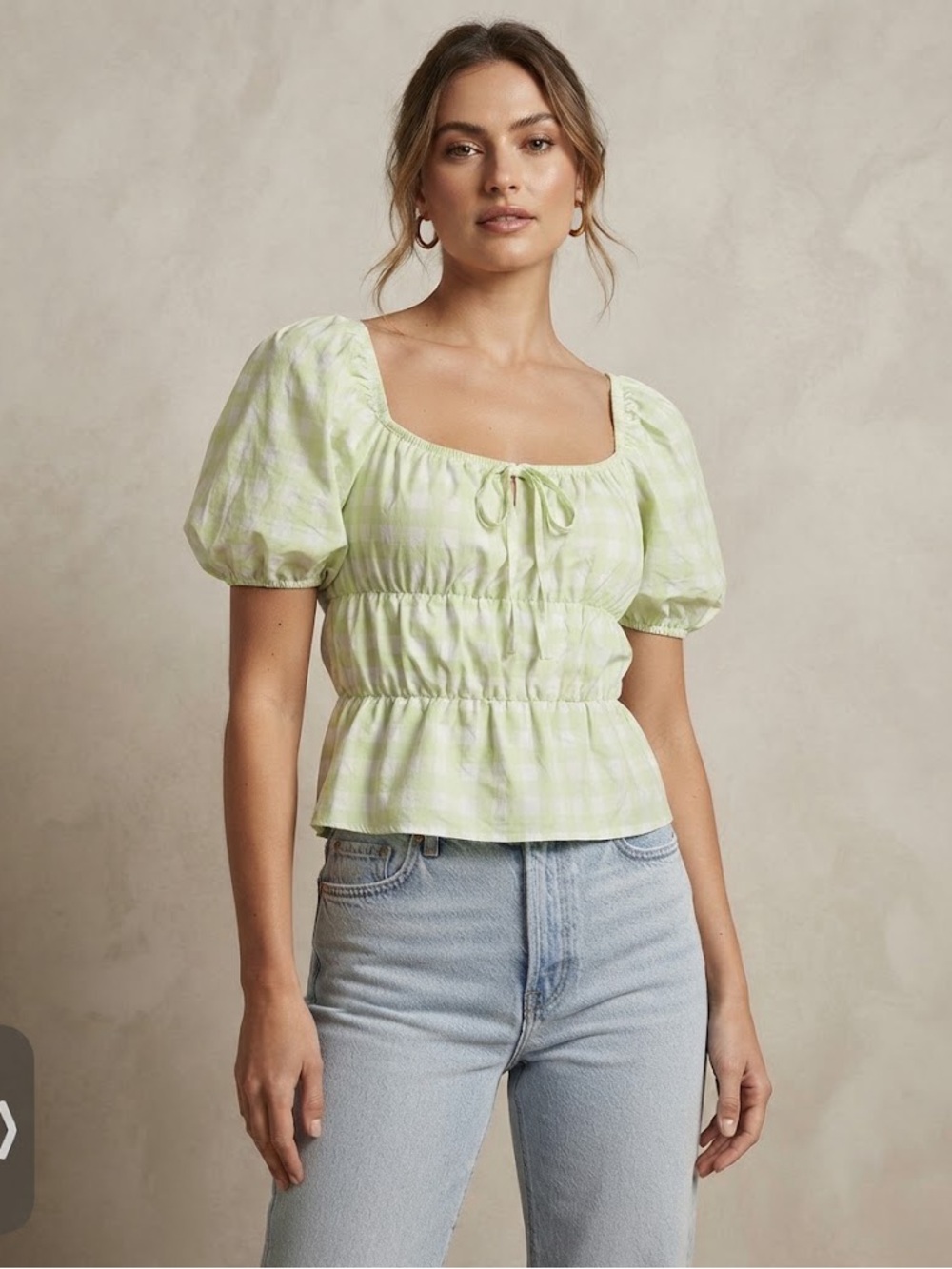 Puff Sleeve Square Neck Peplum Top - Light Green